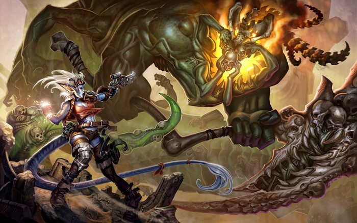 Dota 2: Queen of Pain fighting a large monster