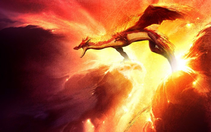 Dragon emerging from fire and smoke