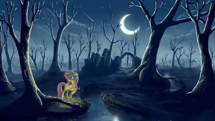 Fluttershy from My Little Pony in a Gothic Fantasy Forest