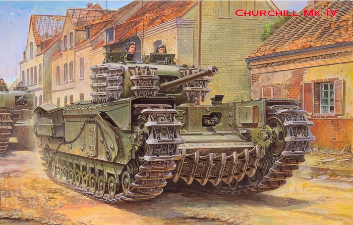 Churchill Mk IV tanks in a European town