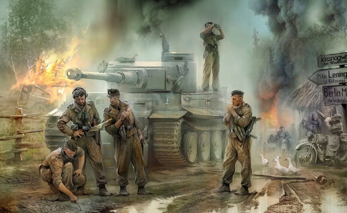 German soldiers and Tiger tank in battle