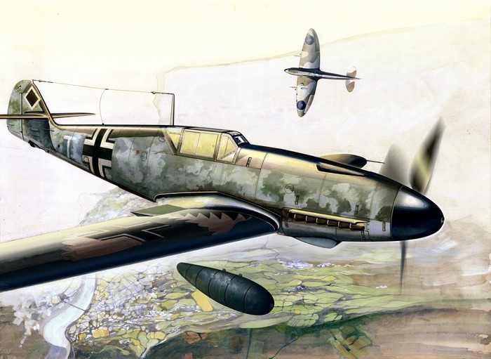 Messerschmitt BF-109 and Spitfire in aerial combat painting