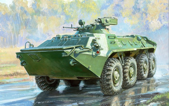 Painting of a green armored personnel carrier in the rain