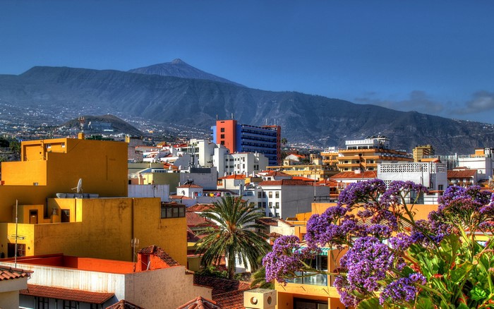 View of a town with a volcano in the background, Canary Islands