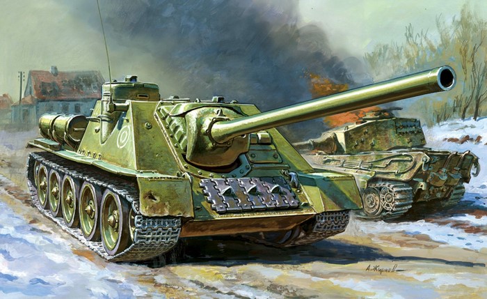 Painting of two self-propelled guns in a snowy landscape
