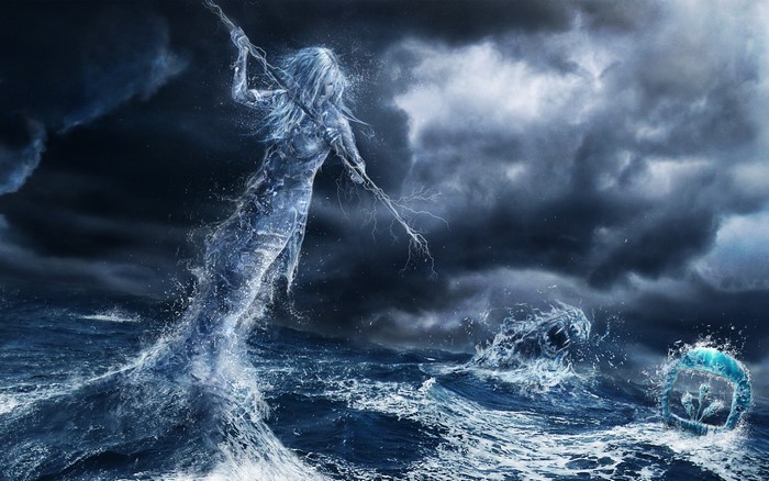 Water elemental creature in stormy sea