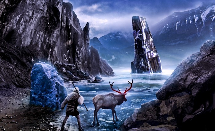 Man and deer in a frozen landscape