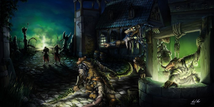 Ratmen warriors in a dark fantasy village