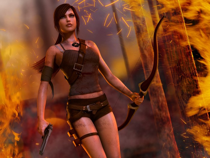 Lara Croft with bow and pistol in fire