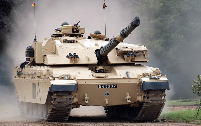 Challenger 2 tank with flags and smoke