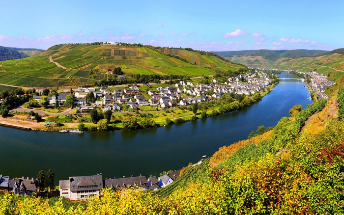 River valley with vineyards and village in Germany