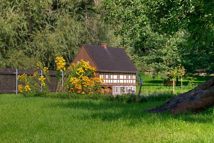 Miniature half-timbered house with yellow flowers