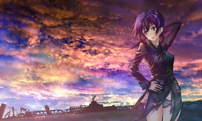 Girl from Strike Witches against a sunset sky