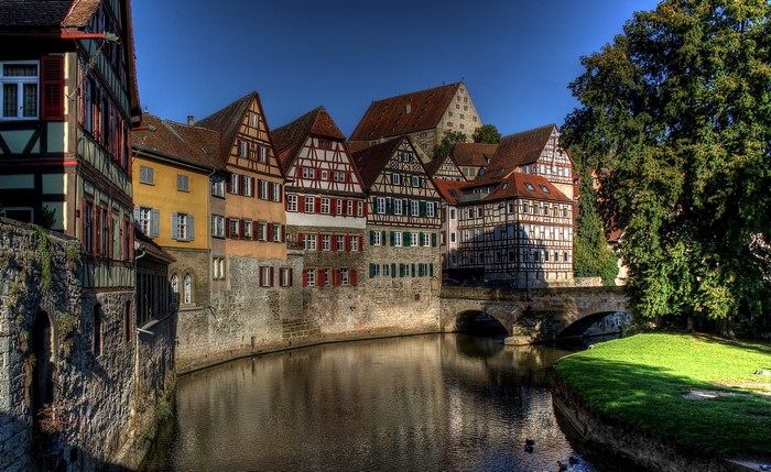 Half-timbered houses along a canal in Germany