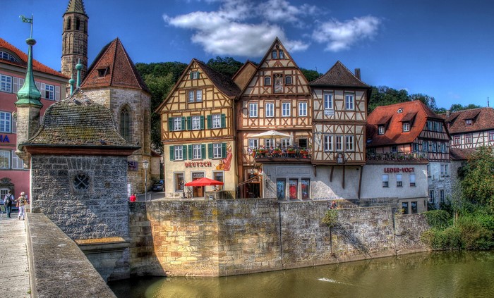 Half-timbered houses along a river in Germany