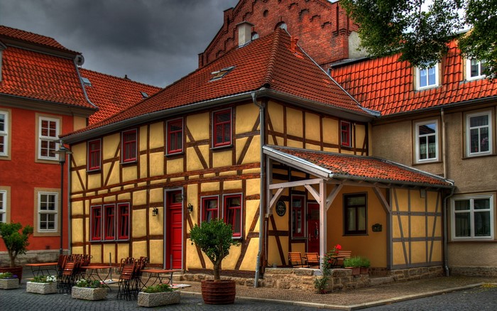 Half-timbered houses with red roofs in Germany