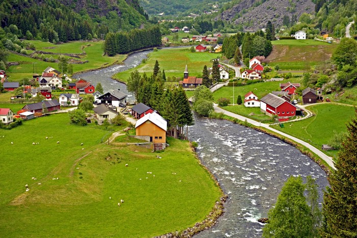 Norwegian village with river and mountains