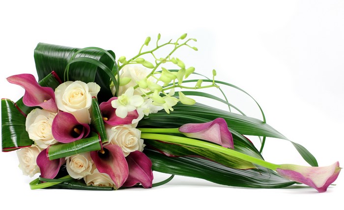 White roses and purple calla lilies bouquet