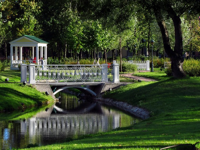 Park with a bridge and a gazebo