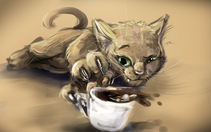 Cat playing with a cup of coffee