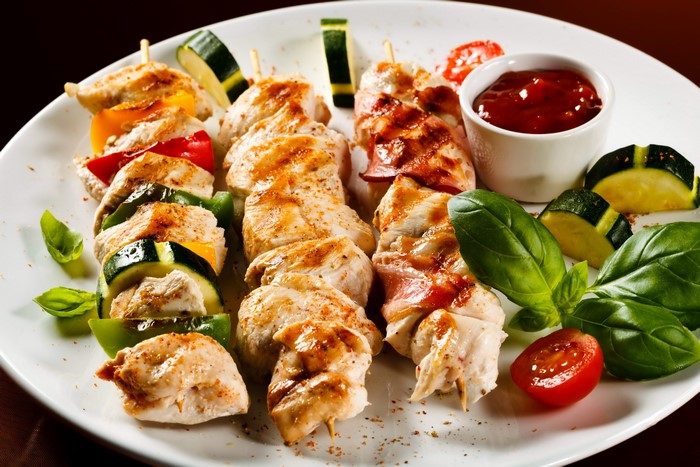 Chicken and vegetable skewers with dipping sauce