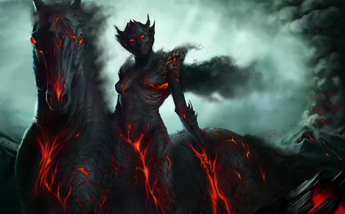 Fiery Centaur Monster in Volcanic Landscape