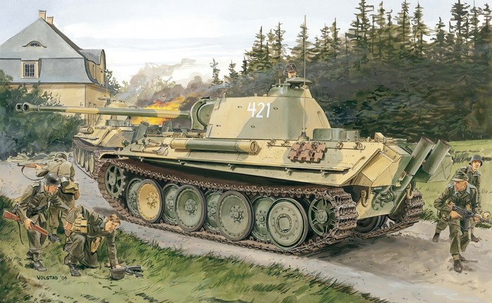 German Panther tank in combat with soldiers