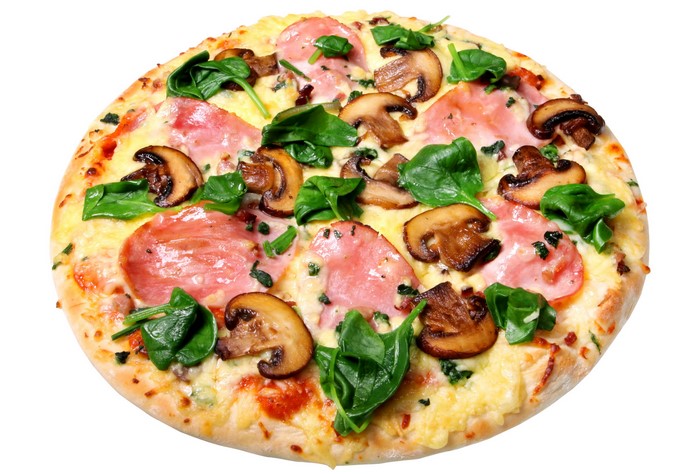 Pizza with mushrooms, ham, and spinach