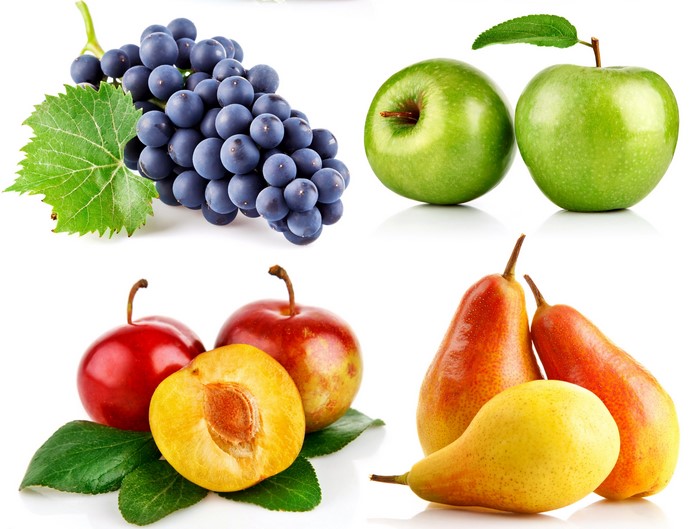 Assortment of Fruits: Grapes, Apples, Plums, and Pears
