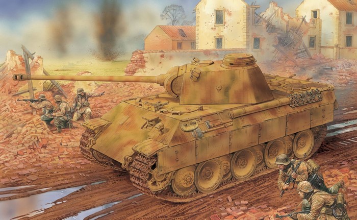 German Panther V tank in battle with soldiers