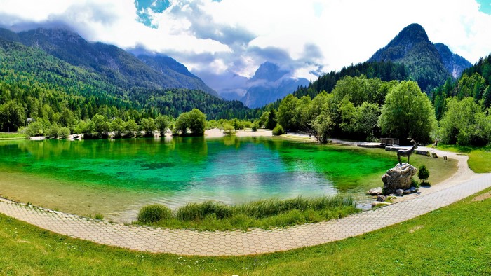 Jasna Lake with Mountains and Goat Statue, Kranjska Gora, Slovenia