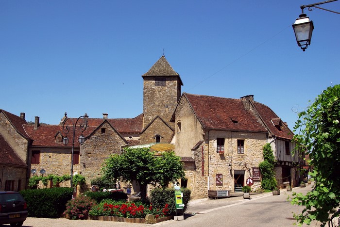 Stone buildings and a tower in a French village