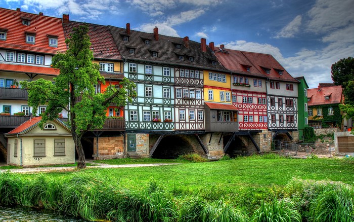Colorful half-timbered houses over a river in Germany