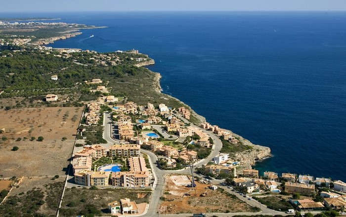 Aerial view of coastal resort town in Majorca, Spain