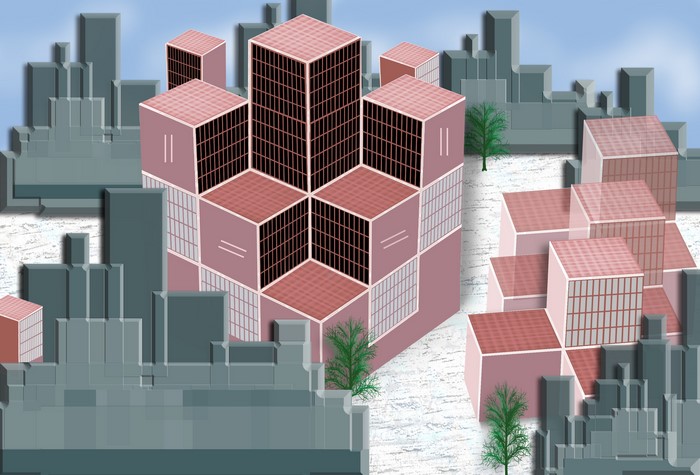Geometric city buildings with pink and gray blocks
