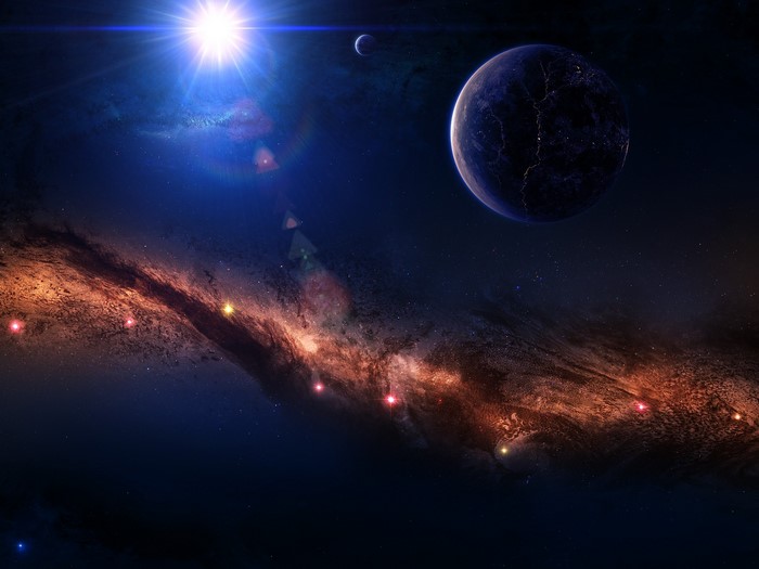 Planet and nebula in deep space with bright star