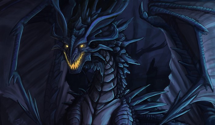 A dark, menacing dragon with glowing yellow eyes