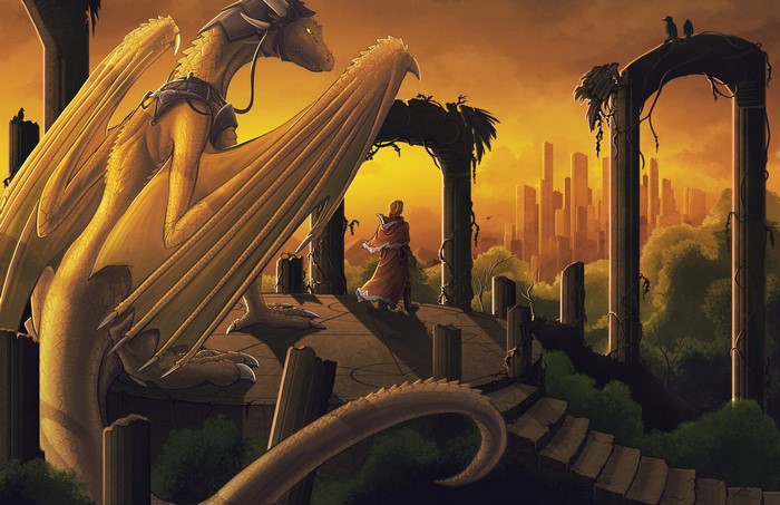 Dragon and person in ruined city at sunset