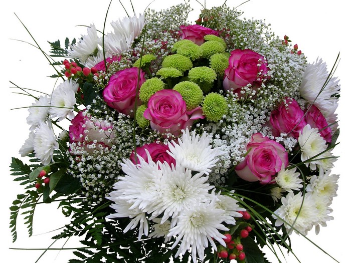 Bouquet of pink roses, white chrysanthemums, and green pompons