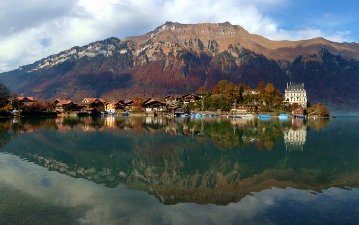 Village on Lake Brienz with Mountains, Switzerland