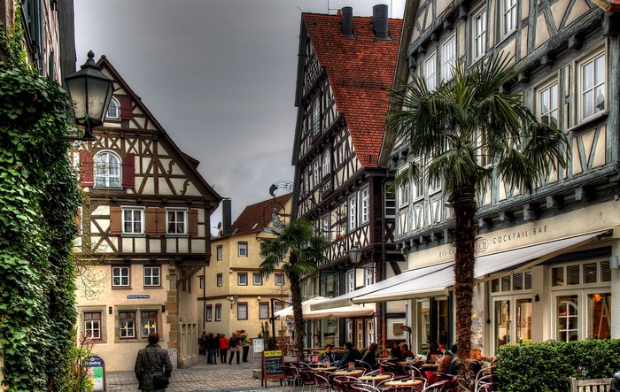 Half-timbered buildings and outdoor cafe in Germany
