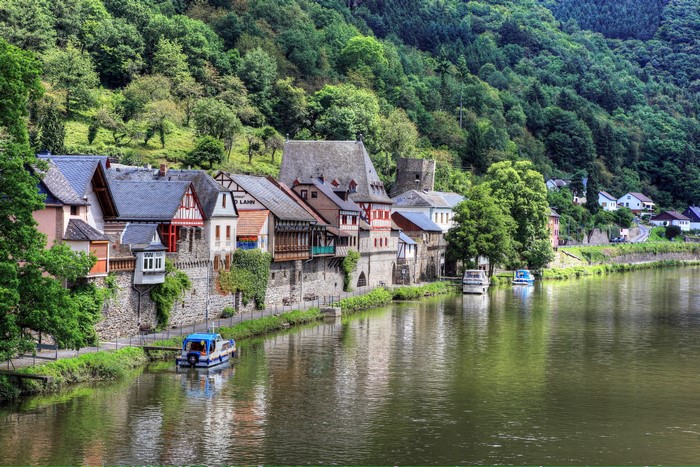 Riverfront town with historic buildings and forested hills in Germany