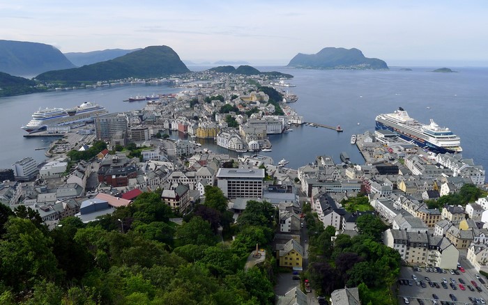Alesund, Norway cityscape with cruise ships
