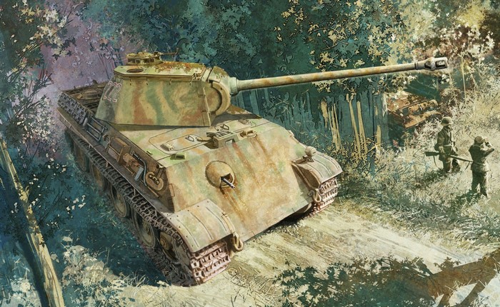 Panther tank in a forest with soldiers