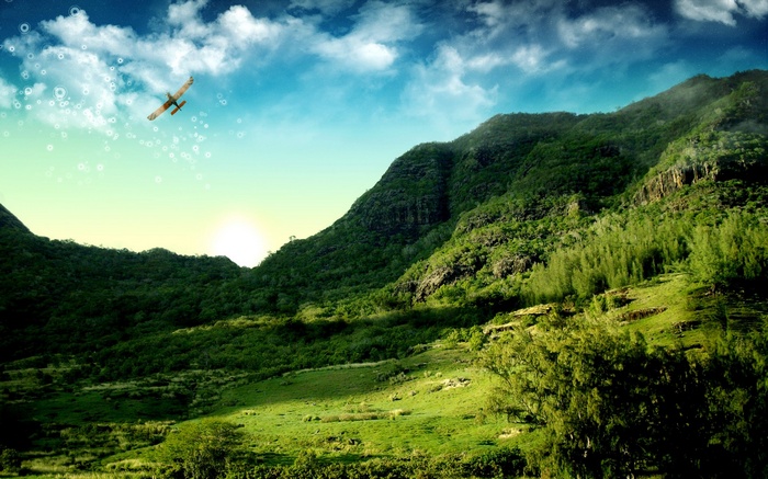 Airplane flying over green mountains at sunset