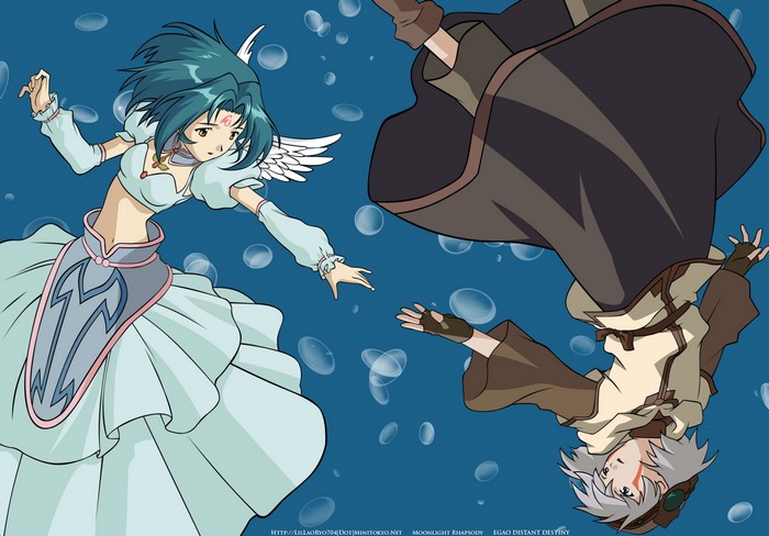 Two anime characters in water with bubbles