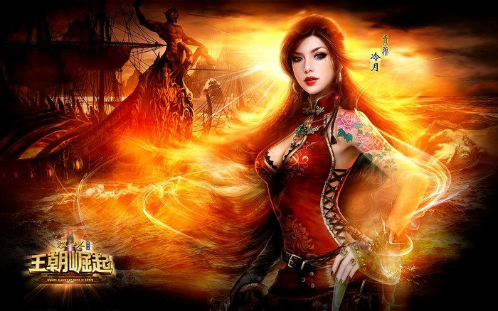 Woman with tattoos and sword on a burning sea