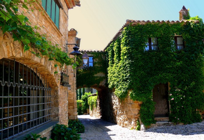 Stone buildings covered in ivy in a Spanish village