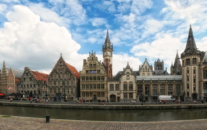Ghent, Belgium waterfront with historic buildings