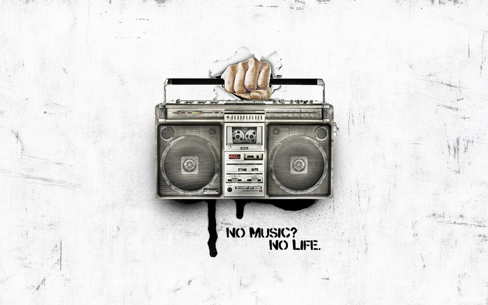Boombox with fist and text "NO MUSIC? NO LIFE."
